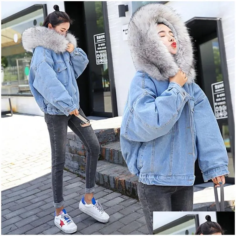 women jean jacket winter thick jean jacket faux fur collar fleece hooded denim coat female warm denim outwea