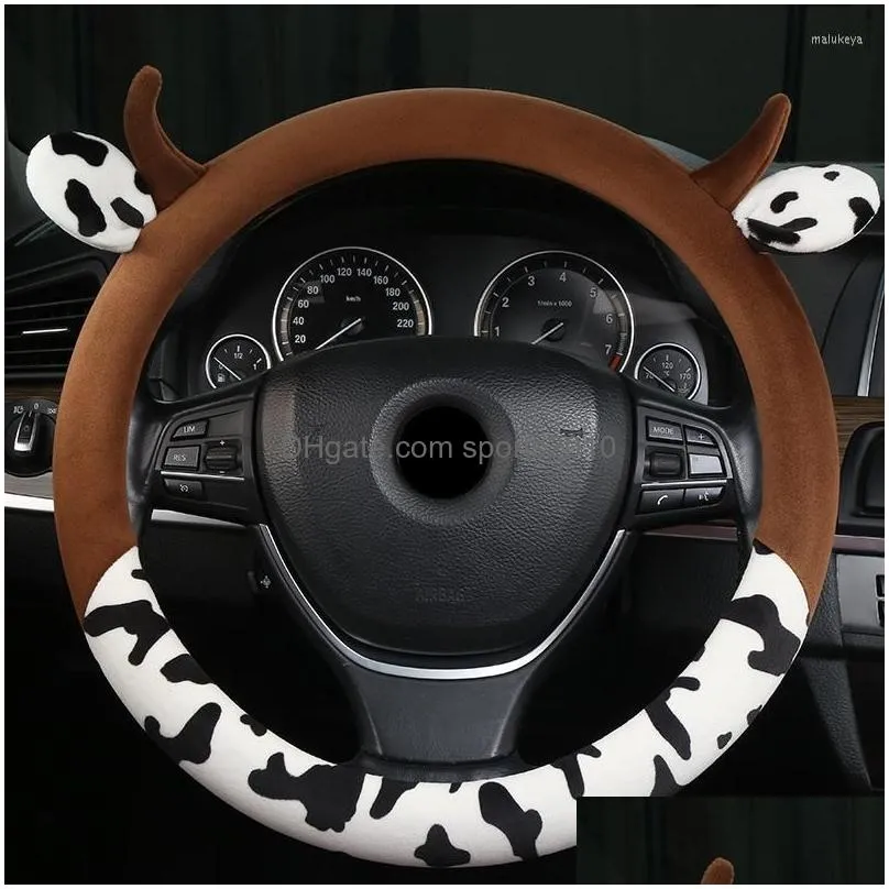Steering Wheel Covers Cute Cow Ear Car Cover Winter Plush Warmth Handlebar Universal 36-39CM