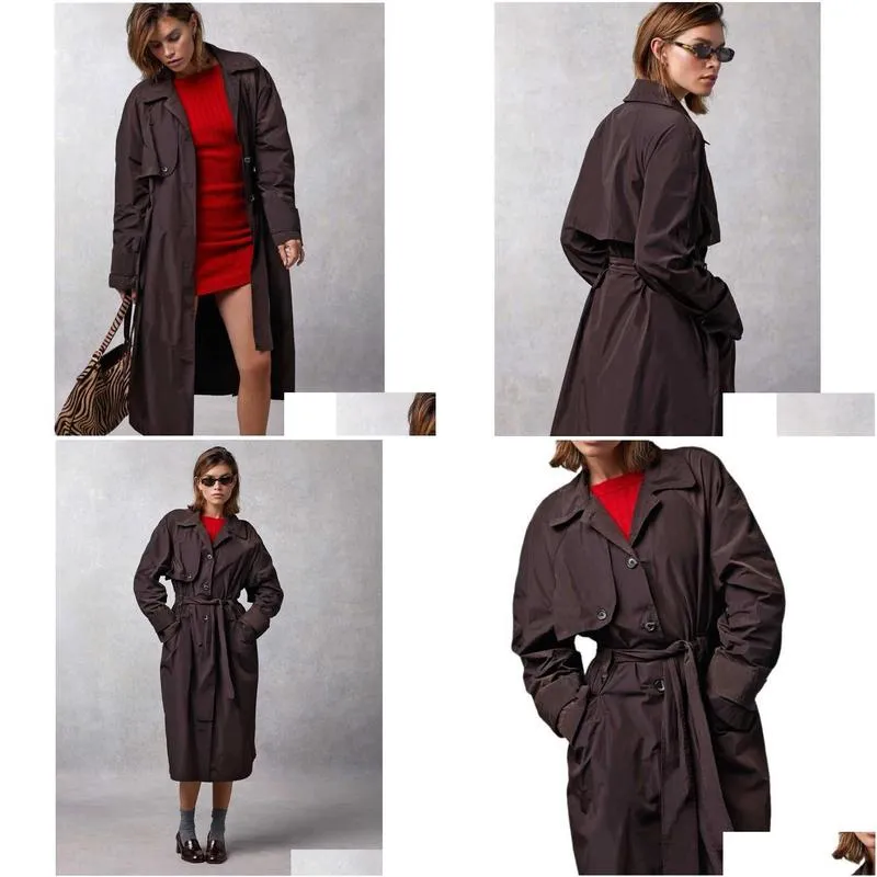 women`s trench coats autumn/winter new women`s coat light and thin smooth material lapel loose lace up mid length windbreaker 1x