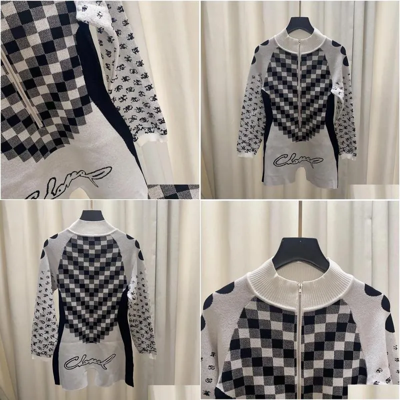 2022 designer winter women`s plaid pattern knit jumpsuits runway half neck long sleeve zipper all match fashion romper
