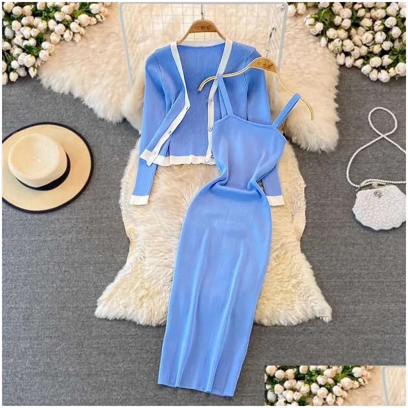 32% off designer clothing fashion v-neck long sleeve knitted top shawl cardigan two piece suit medium tight elastic hip wrap dress