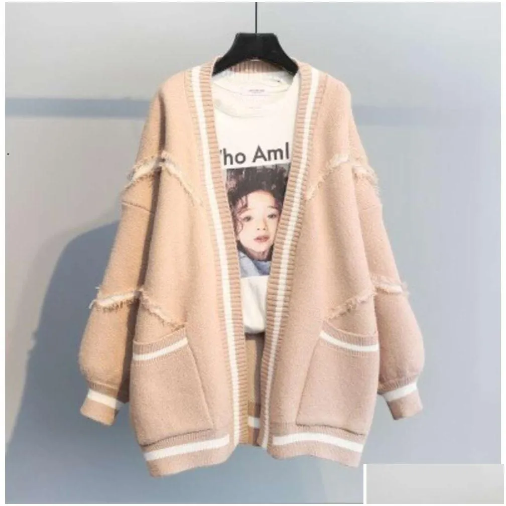 2023 new korean version loose letter thickened knitted medium length sweater cardigan autumn/winter coat women