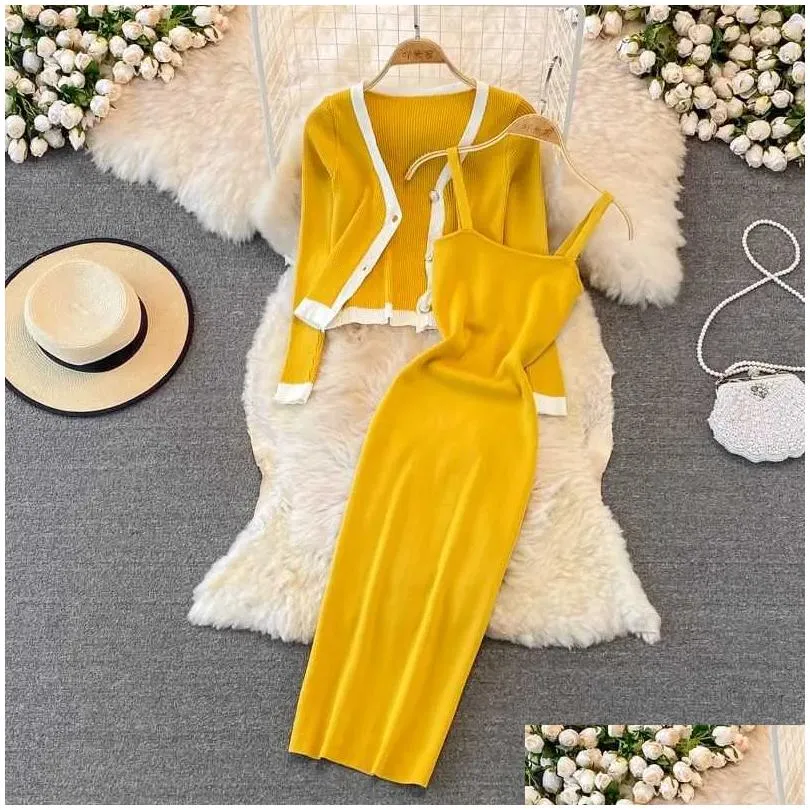 32% off designer clothing fashion v-neck long sleeve knitted top shawl cardigan two piece suit medium tight elastic hip wrap dress