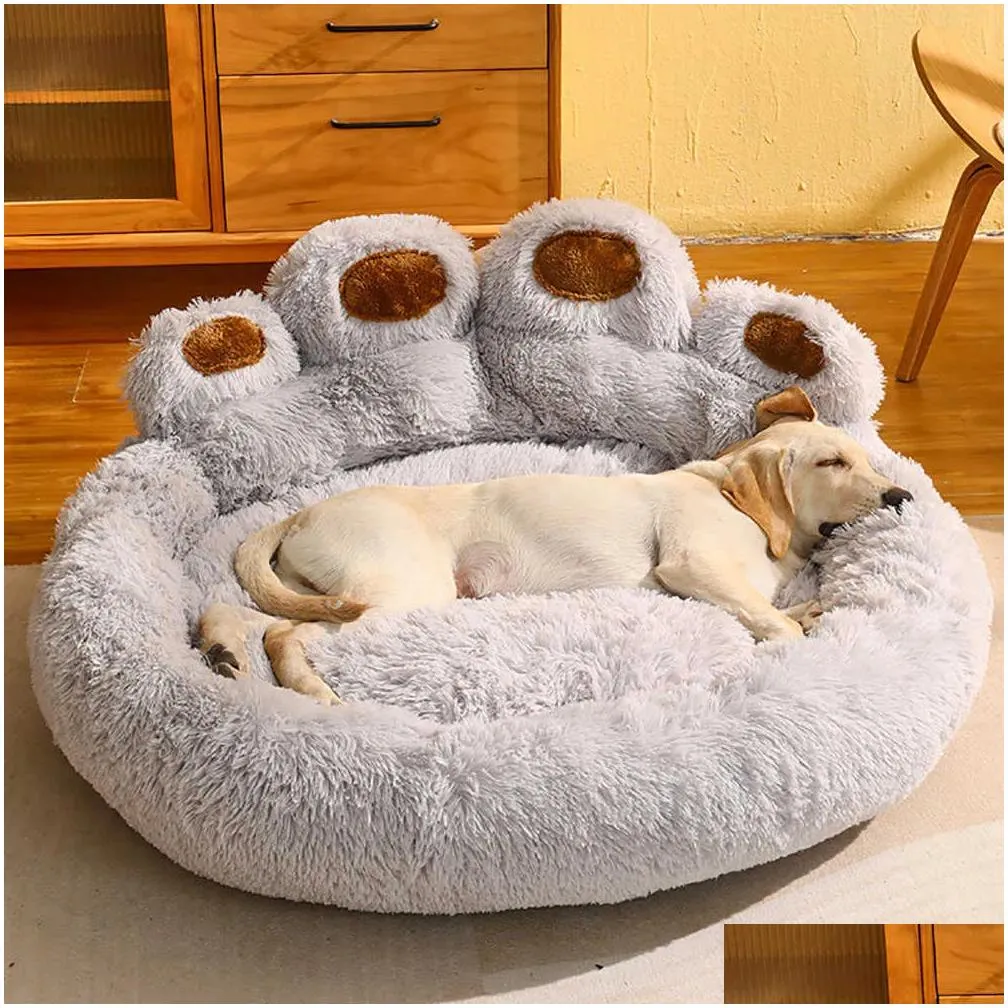 kennels pens Winter Dog Bed Bear Paw Shape Casa Soft Sofa Washable Long Plush Indoor And Outdoor Medium Large Pet Bed Warm Mat Dog Accessorie