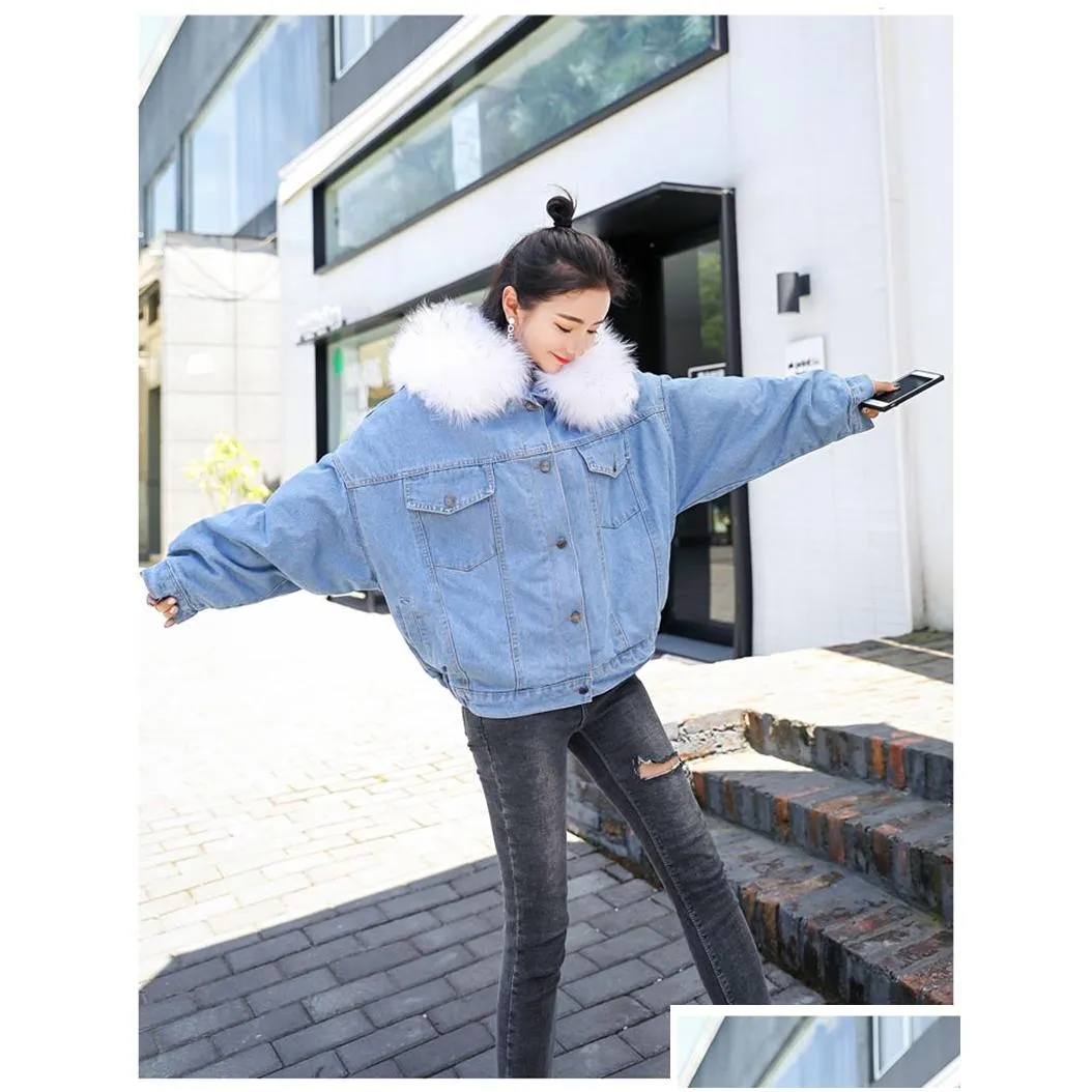 women jean jacket winter thick jean jacket faux fur collar fleece hooded denim coat female warm denim outwea