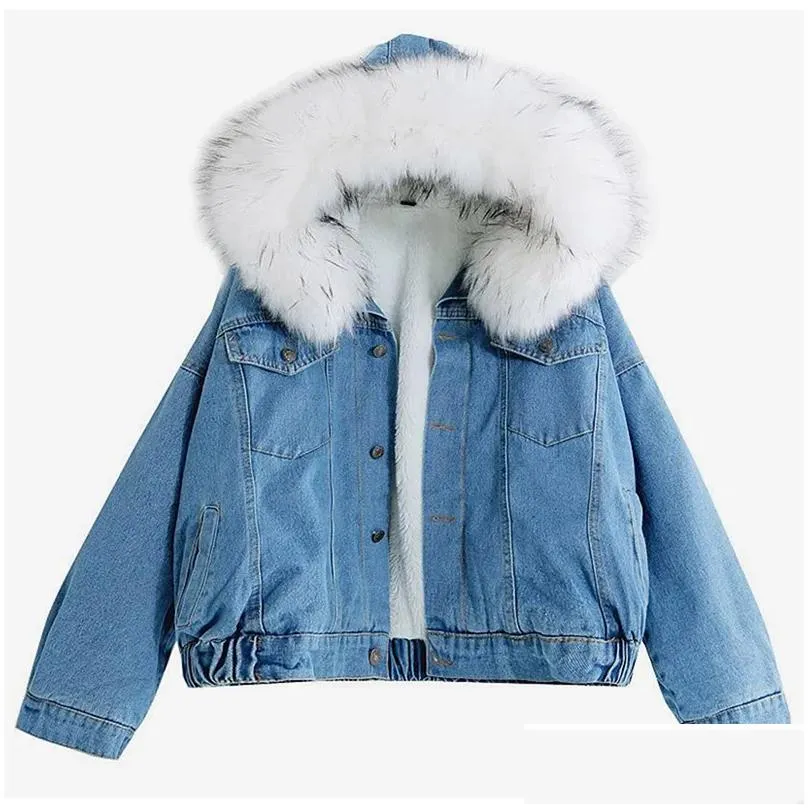 women jean jacket winter thick jean jacket faux fur collar fleece hooded denim coat female warm denim outwea