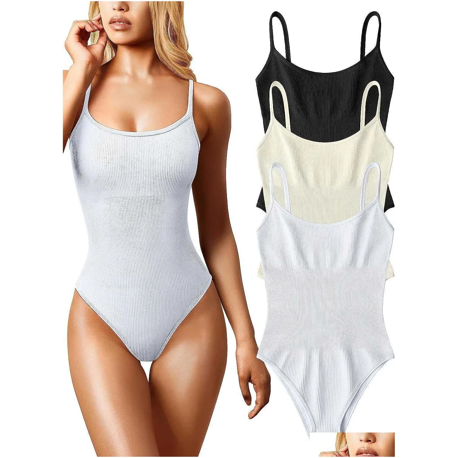 Sexy Set OQQ Women`s 3-piece Bodysuit Sexy Ribbed Sleeveless Adjustable Thin Shoulder Strap Top Shaping BodysuitLF230908