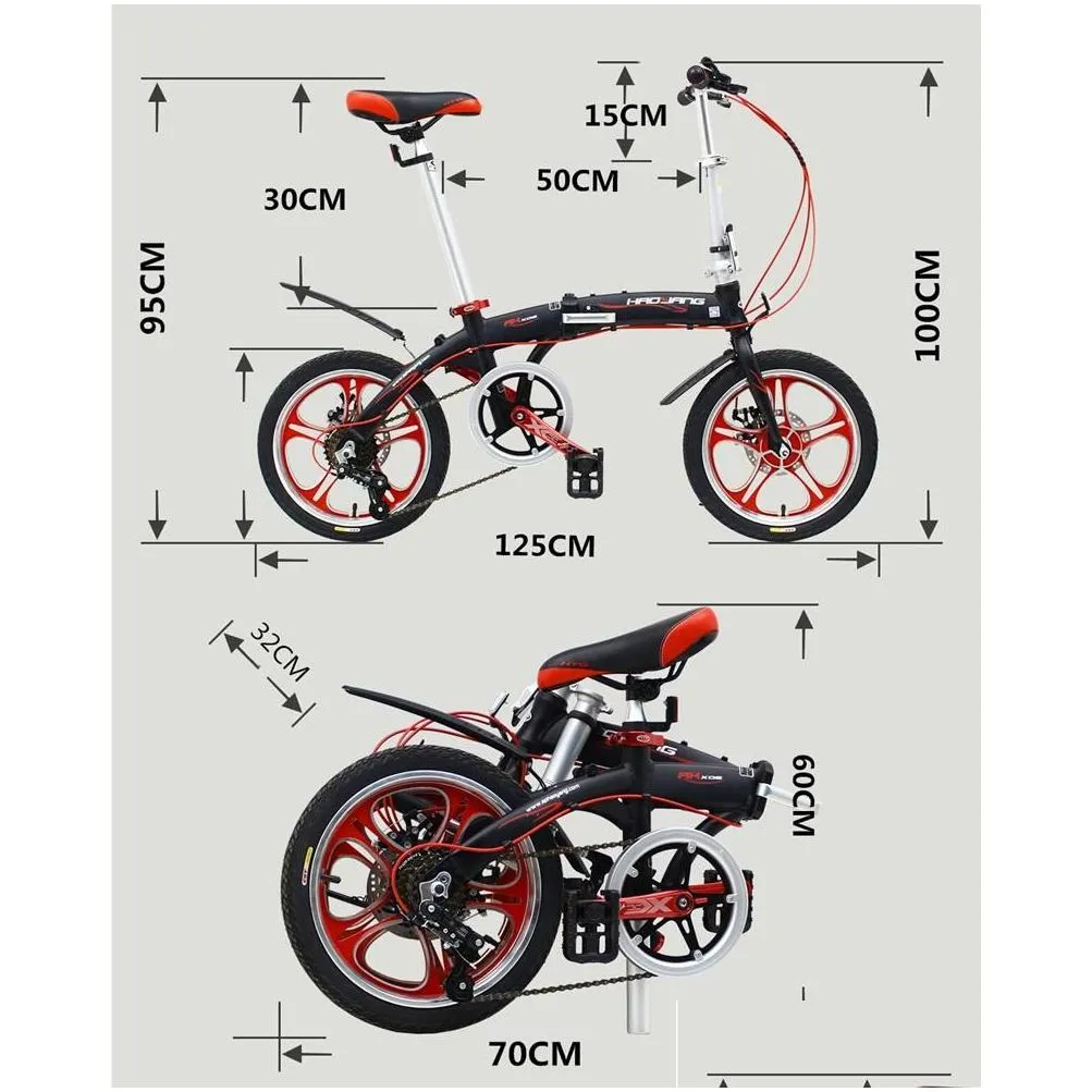 16 inch portable folding bike foldable cycling bicycle mini road bikes disc brake 6-stage variable speed easy to fold and carry