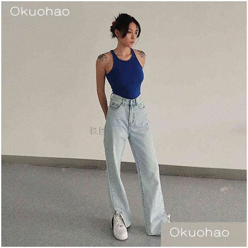 okuohao high waist jeans straight leg pants women wide loose fashon boyfriend sale items for 211129