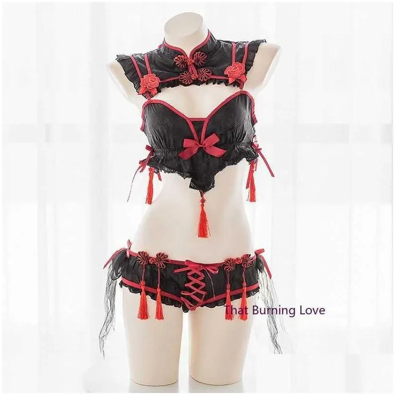 Lingerie Sexy Cosplay Traditional Cheongsam for Women Gothic Punk Little Devil Kawaii Bra Set Fashion Roleplay Maid Outfit X0626