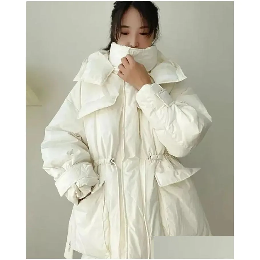 women`s down parkas yellow winter hooded warm jacket women cotton coat irregular fluffy bubble drawcord waist outwear long 231116
