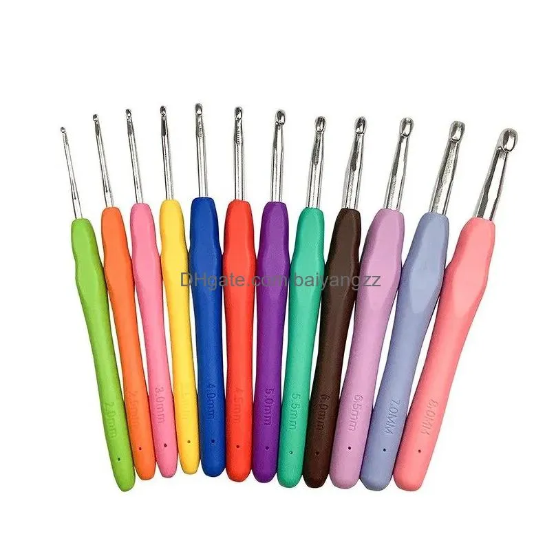 9pcs knitting tool sweater needle tpr soft handle aluminum cloghet color handle sweater diy craft scarf sewing needles knitting