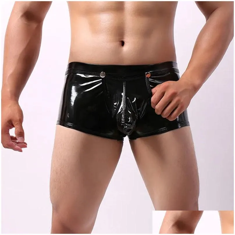 Panties sexy Sissy PU Faux Leather Panties Wetlook Boxer Short Homme Open Penis Pouch Fetish Cock Ring Porn Lingerie Gay Boxer L0407