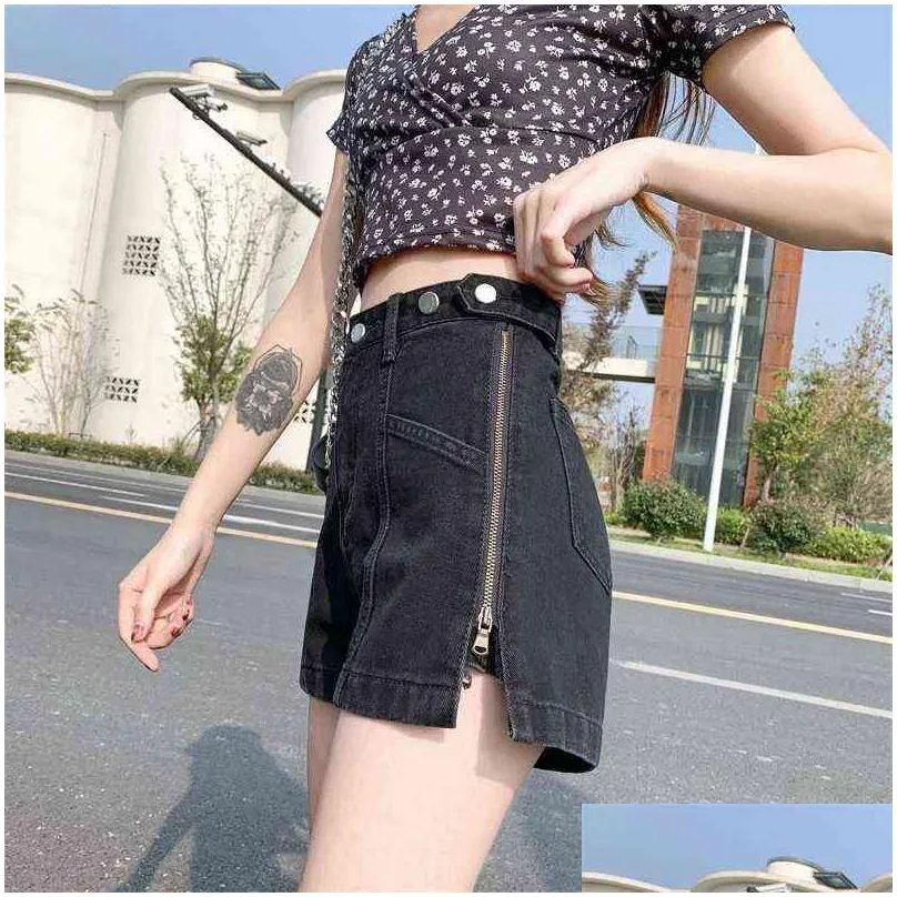 retro harajuku denim shorts women`s summer loose wide legs fashion thin jeans ladies straight high waist pants streetwear 211129