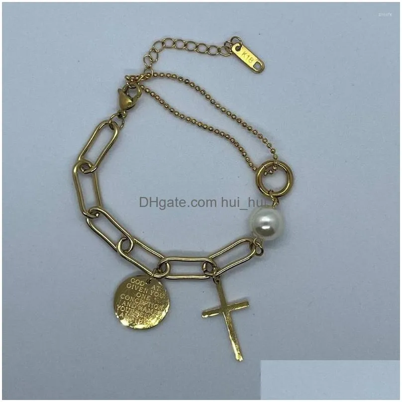 charm bracelets stainless steel layered golden pendant bracelet for women retro punk gothic portrait coin cross pearl jewelry