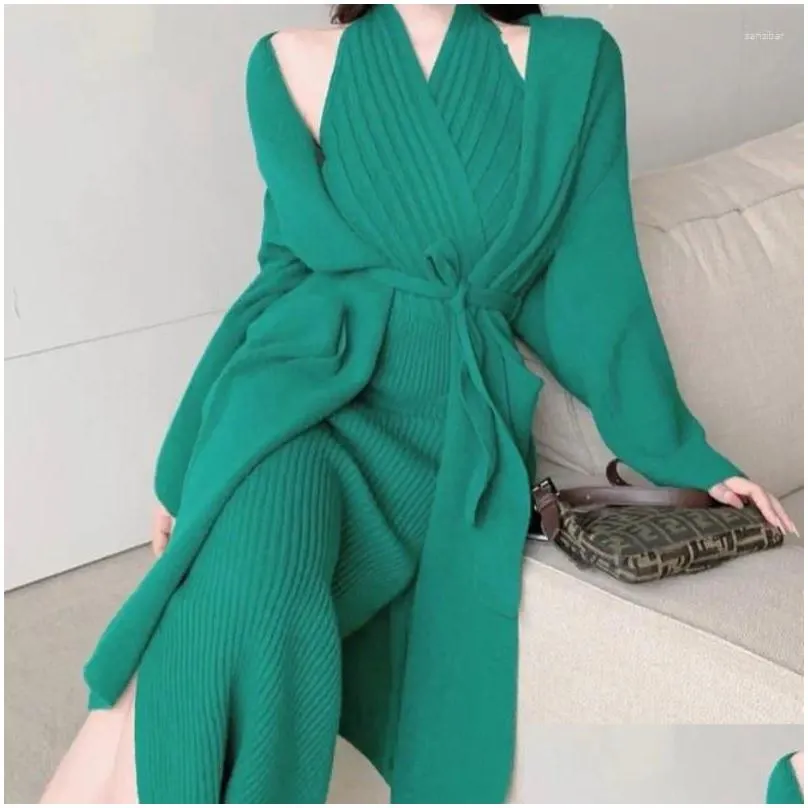 work dresses women knitting suits korean sweet spring autumn full v-neck long loose cardigan slim dress designer sets all-match