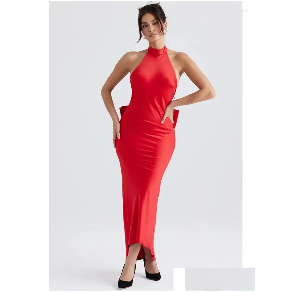 casual dresses sexy backless bow christmas bodycon long dress elegant red halter sleeveless designer slim evening party club