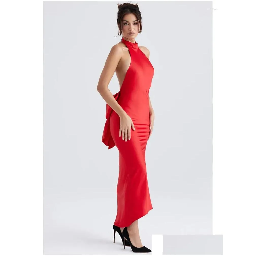 casual dresses sexy backless bow christmas bodycon long dress elegant red halter sleeveless designer slim evening party club