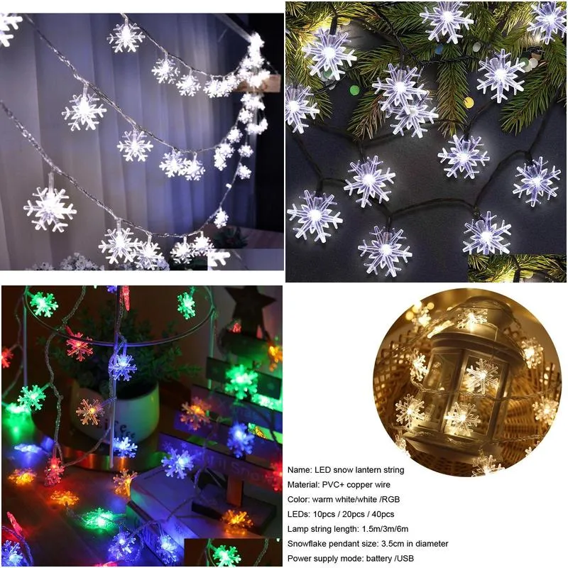 6M 40LED Snowflake String Lights Snow Fairy Garland Decoration For Christmas Tree Happy New Year Fairy Battery Powered Light7659090