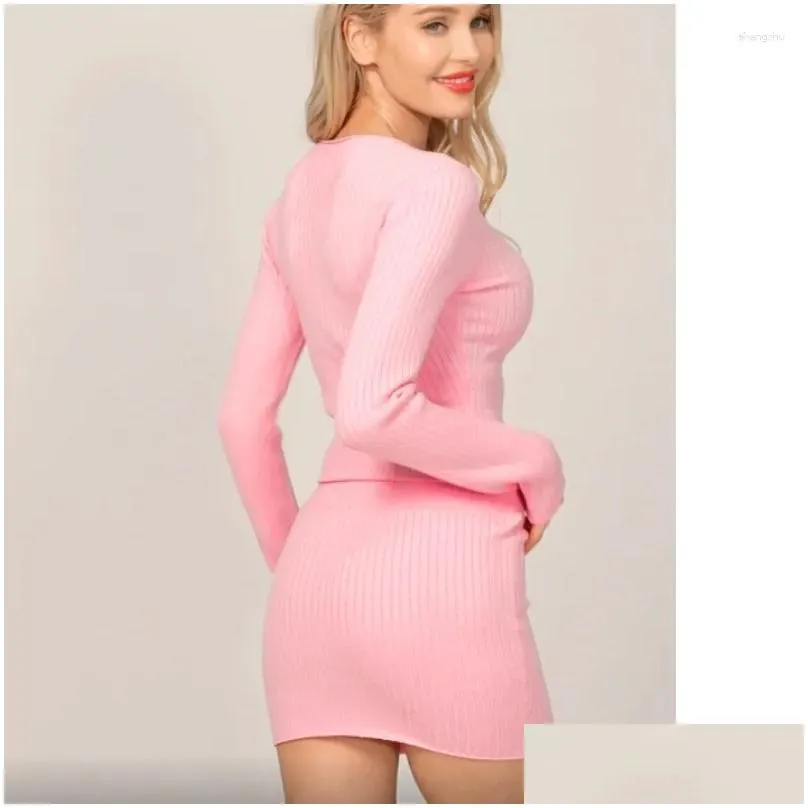 work dresses women rib knitted 2pcs solid color autumn winter long sleeve crop tops pencil mini skirts set bodycon outfits club