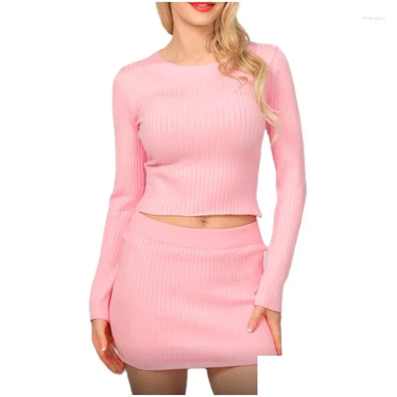 work dresses women rib knitted 2pcs solid color autumn winter long sleeve crop tops pencil mini skirts set bodycon outfits club