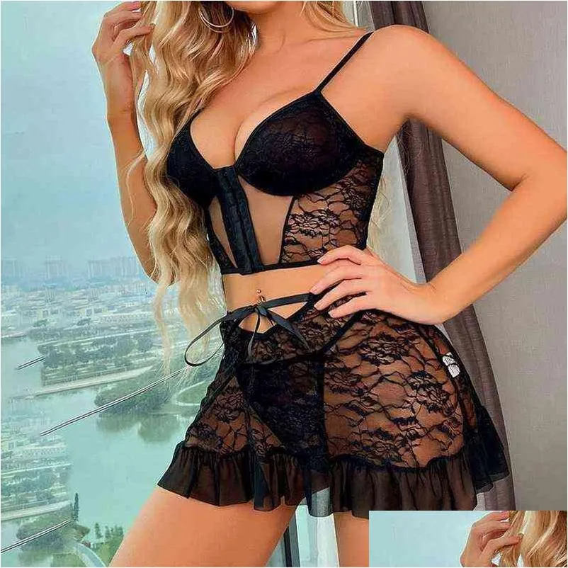 Lace Babydoll Open Bra Set Women Intimates Sexy DressLingerie Sets Transparent Bralette Set Erotic Sexy Underwear