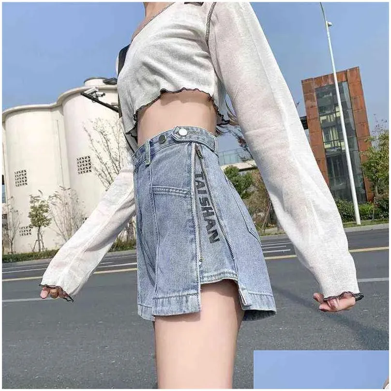 retro harajuku denim shorts women`s summer loose wide legs fashion thin jeans ladies straight high waist pants streetwear 211129