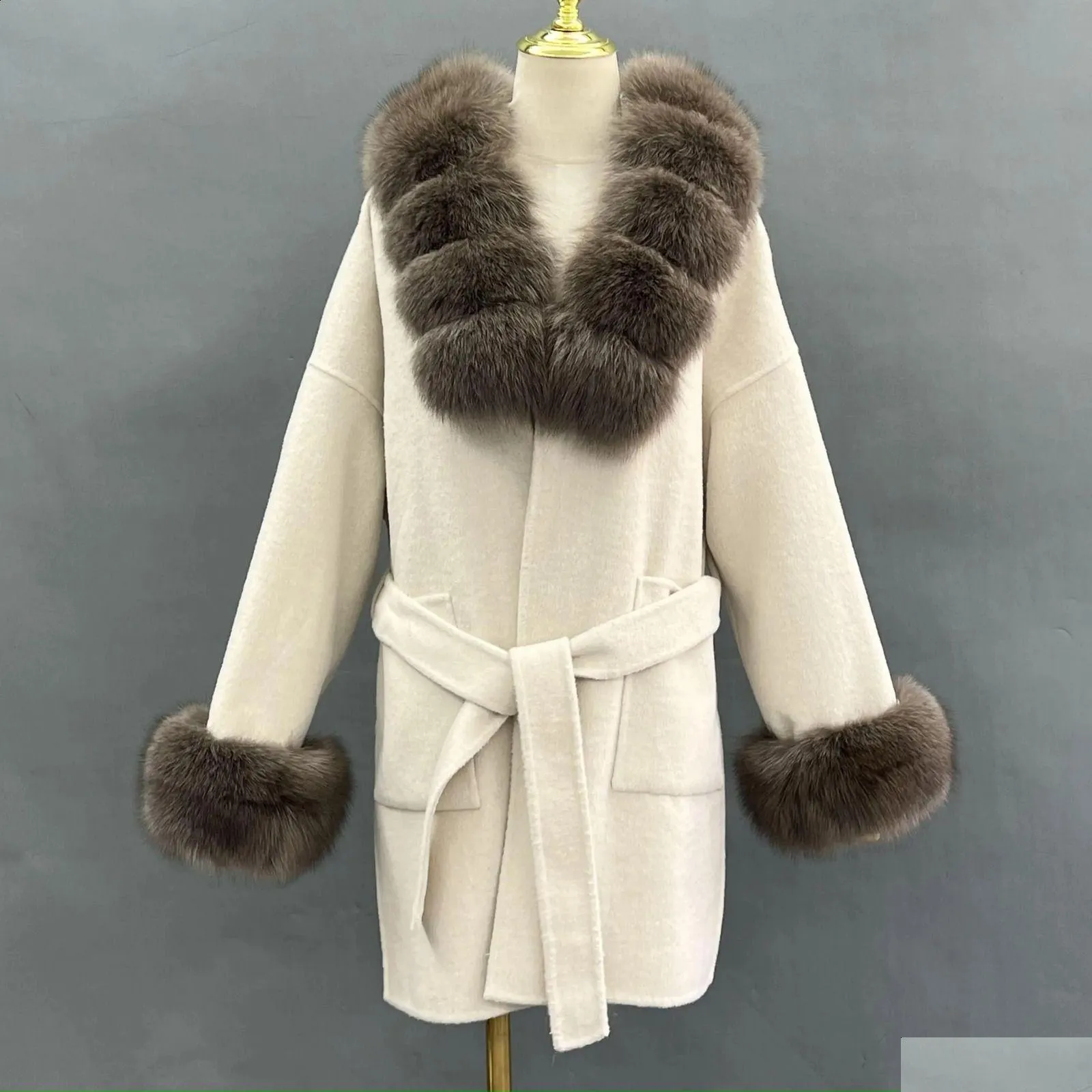 women`s wool blends janefur real fur coat oversized 2023 fashion luxury white belted long cashmere with natural 231116