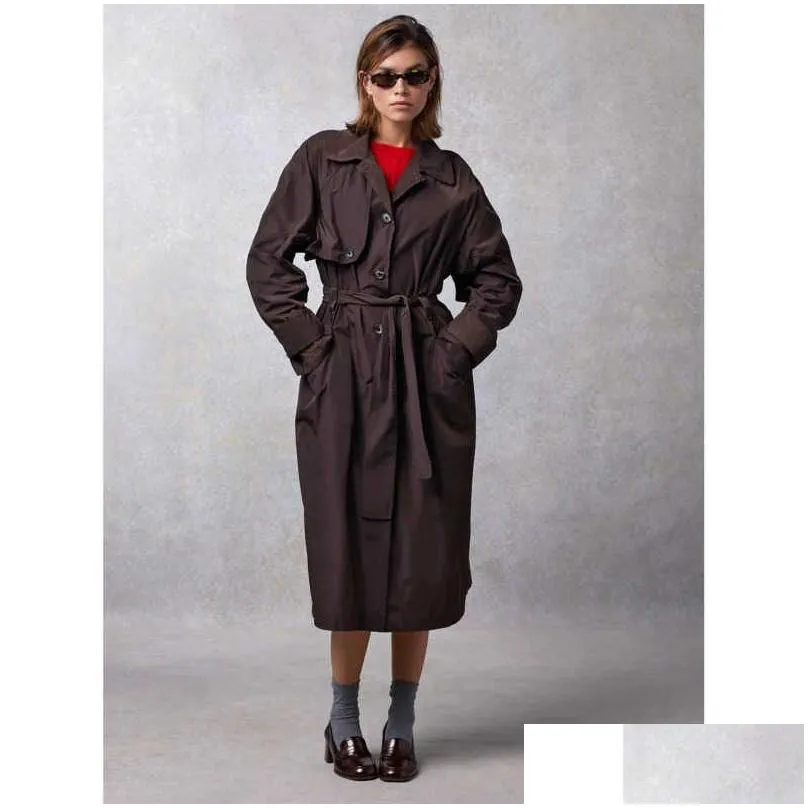 women`s trench coats autumn/winter new women`s coat light and thin smooth material lapel loose lace up mid length windbreaker 1x
