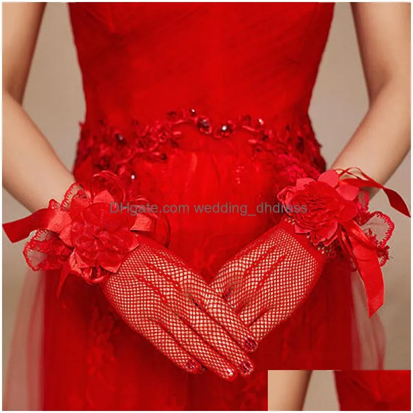 fashion elegant ivory/red full finger wedding gloves for bride with handmade flower ribbon bridal gloves mesh women accessories cl2068