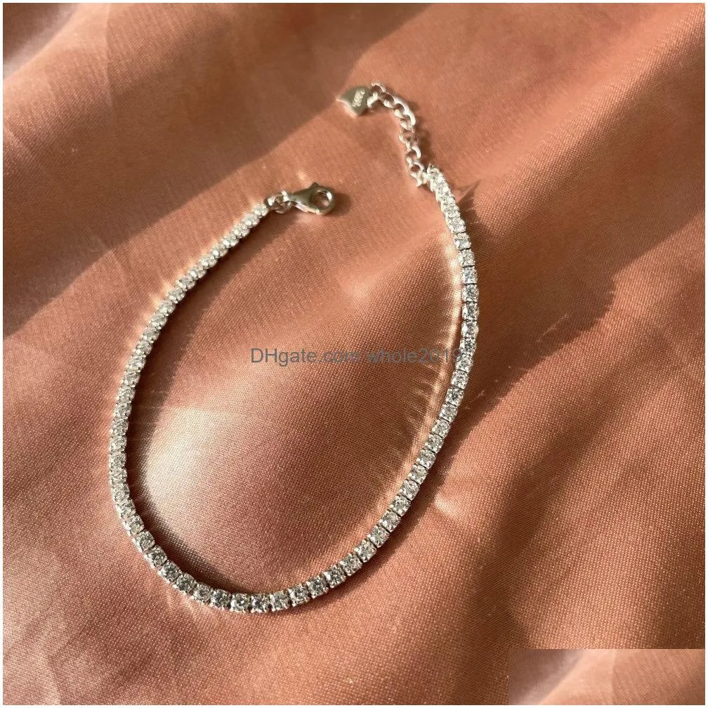 100% S925 Sterling Silver Tennis 2mm Iced Out Chain Bracelets for Women Girls Luxury Round 5A Cubic Zirconia Bling Hip Hop Wedding Jewelry Gift 6.3