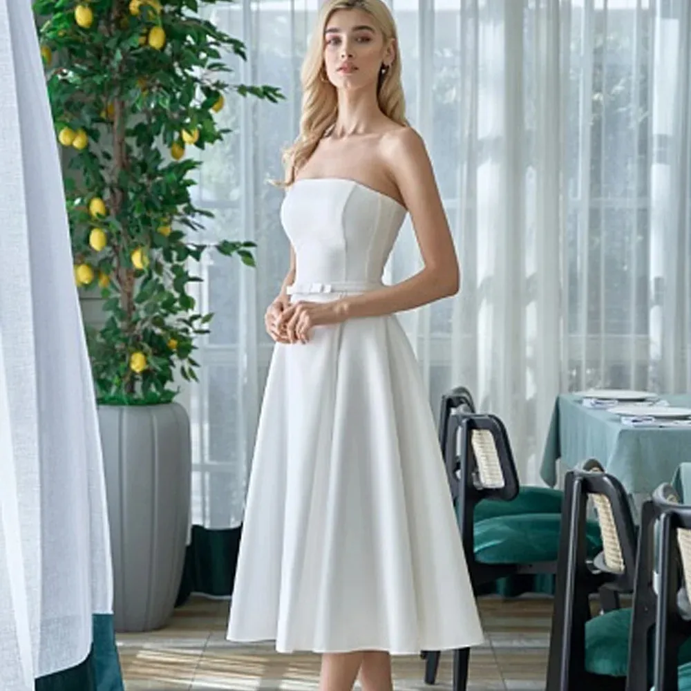Modern Strapless Wedding Dress Short For Women A-Line Removable Flower Sleeve Bridal Dress Goddess Satin Mid-Calf Slit YD