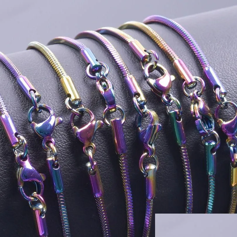 1.5mm Square Snake Chains, Rainbow Colorful Stainless Steel Necklaces, Smooth Lobster Clasps Chain fit for Pendant Charms DIY Jewelry Making Accessories 18 20 24
