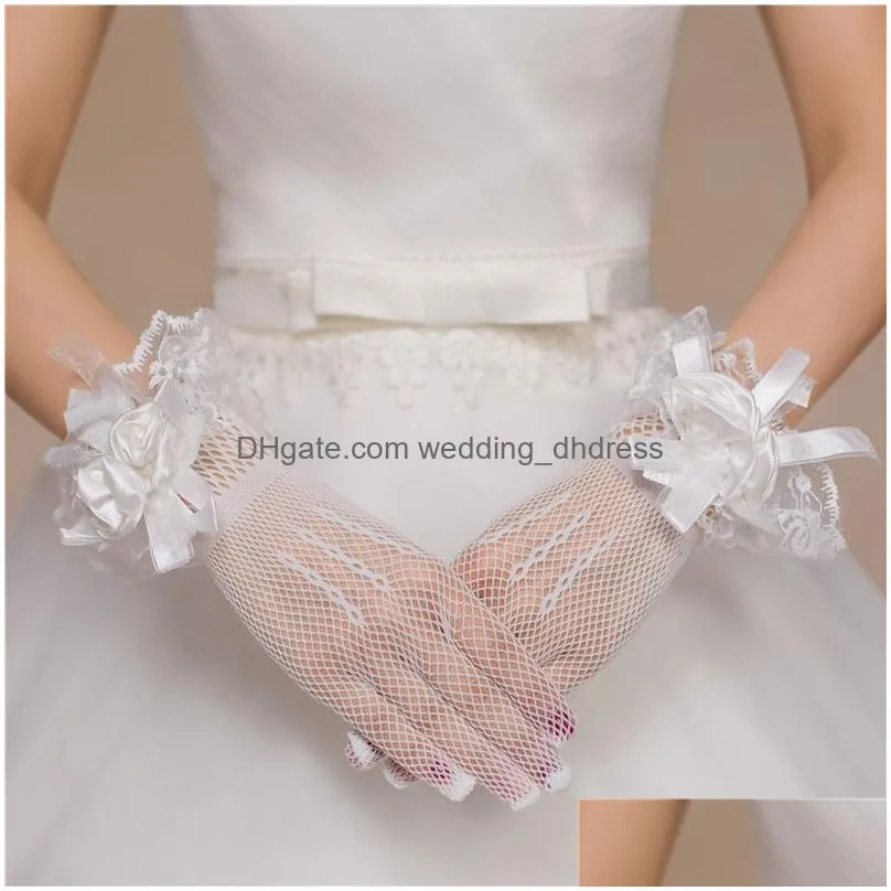 fashion elegant ivory/red full finger wedding gloves for bride with handmade flower ribbon bridal gloves mesh women accessories cl2068