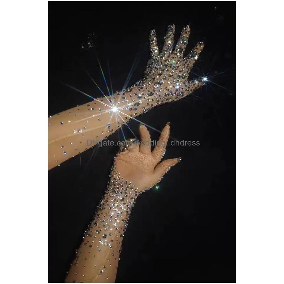 luxurious stretch rhinestones bridal gloves sparkly crystal embellished mesh women long gloves nightclub party dance stage show wedding accessories