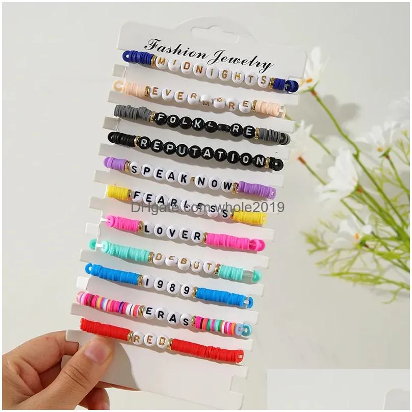 11pcs Taylor Swiftie Friendship Bracelets Set Surfer Heishi Beads Strands Fearless Letter Charm Stackable Soft Clay Boho Wristband Beach Jewelry Gift for