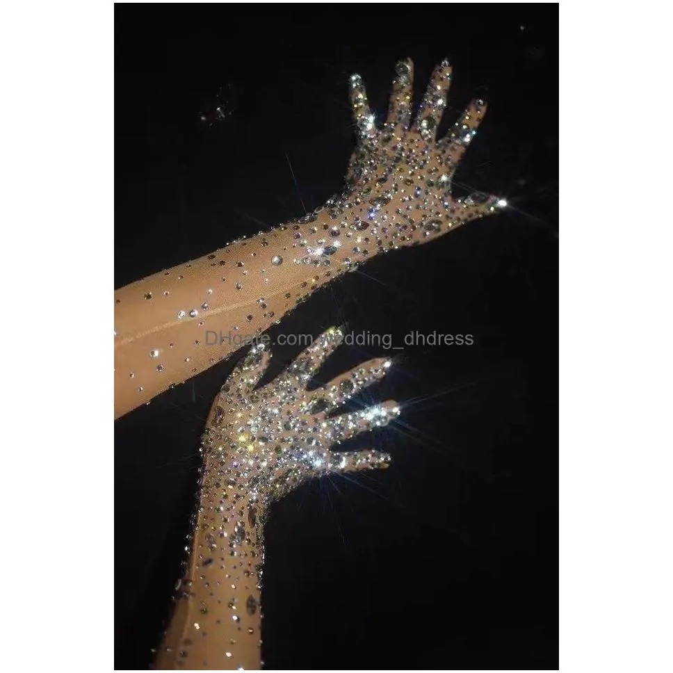 luxurious stretch rhinestones bridal gloves sparkly crystal embellished mesh women long gloves nightclub party dance stage show wedding accessories