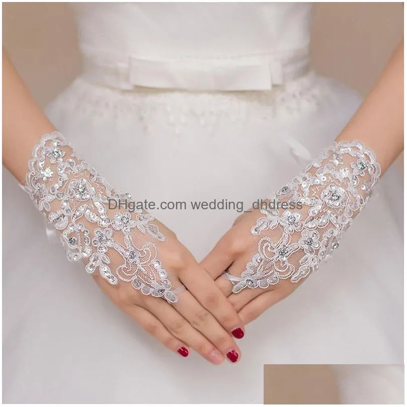 bridal gloves elegant short white lace rhinestone womens fingerless gloves wedding accessories