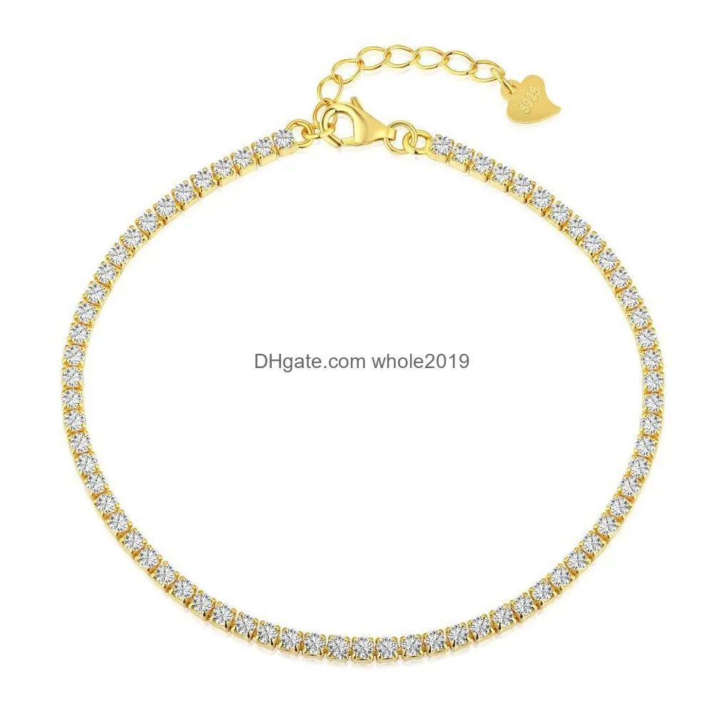 100% S925 Sterling Silver Tennis 2mm Iced Out Chain Bracelets for Women Girls Luxury Round 5A Cubic Zirconia Bling Hip Hop Wedding Jewelry Gift 6.3