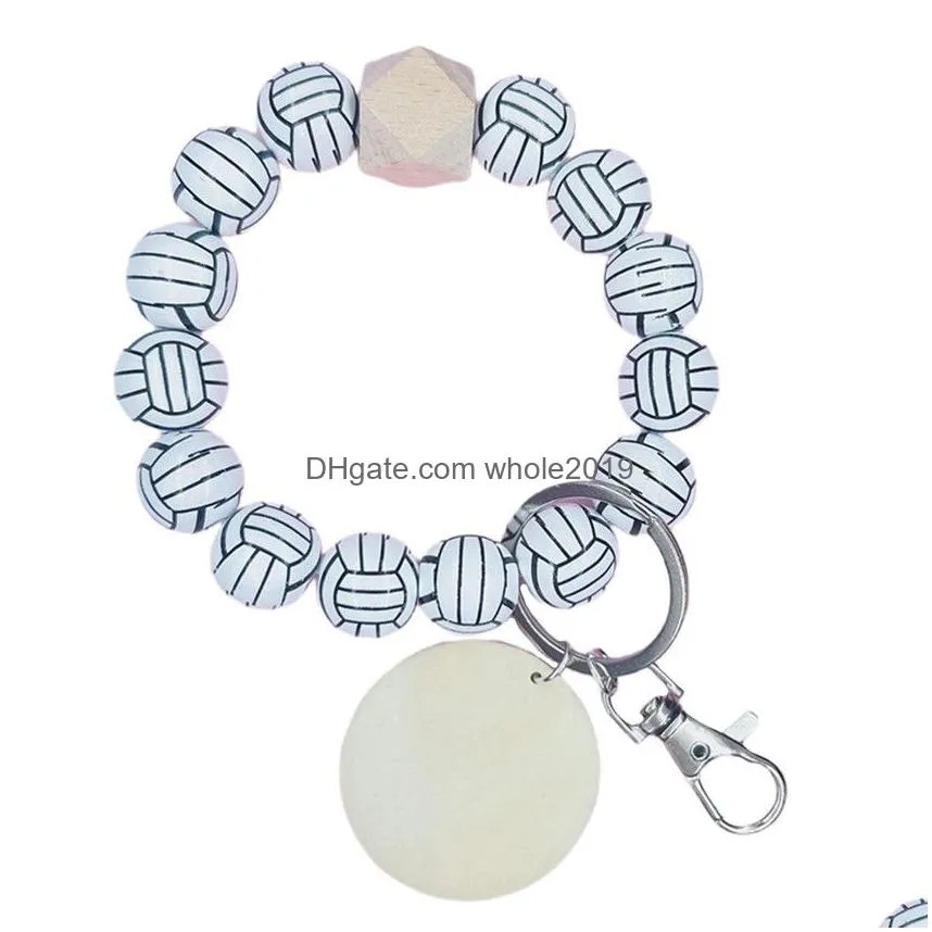 DIY Beaded Strands Bracelets Keychain Pendant Wood Sport Ball Soccer Baseball Basketball Football Wooden Tag Beads Fashion Jewelry Key