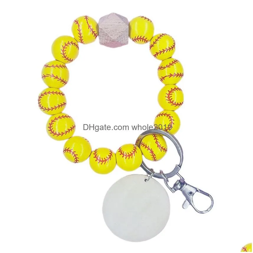 DIY Beaded Strands Bracelets Keychain Pendant Wood Sport Ball Soccer Baseball Basketball Football Wooden Tag Beads Fashion Jewelry Key