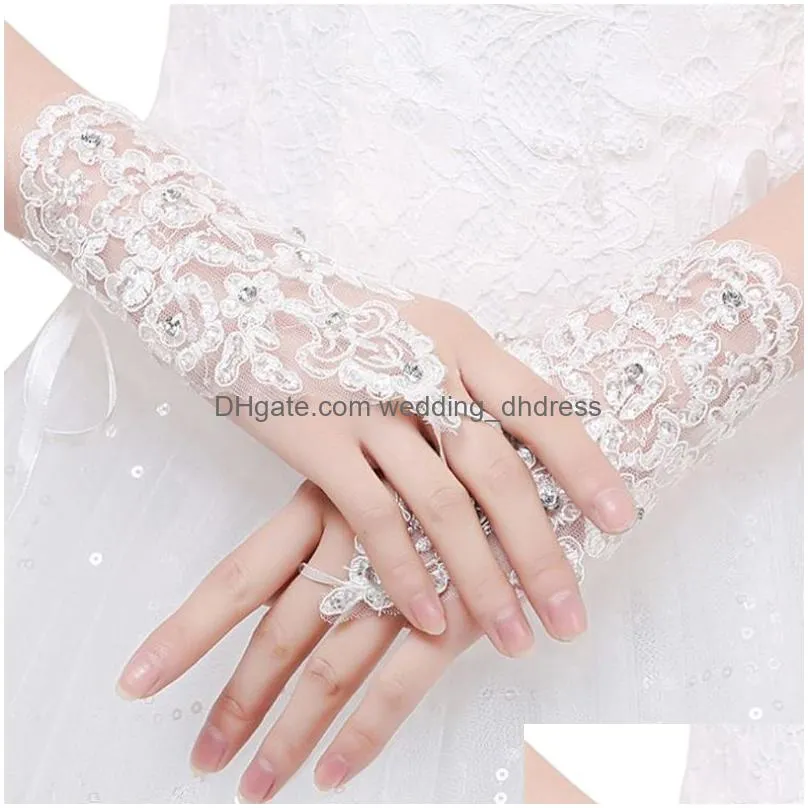 bridal gloves elegant short white lace rhinestone womens fingerless gloves wedding accessories