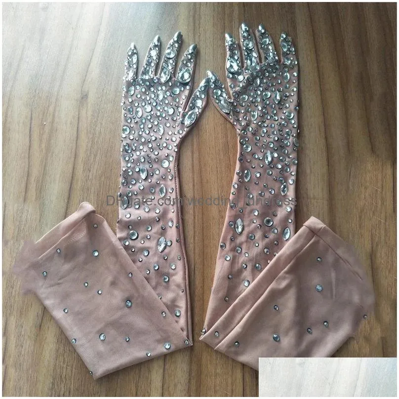 luxurious stretch rhinestones bridal gloves sparkly crystal embellished mesh women long gloves nightclub party dance stage show wedding accessories