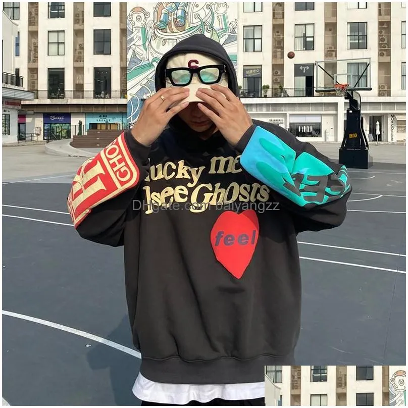 Mens Hoodies Sweatshirts Men Iti Letter Printed Lucky Me I See Ghosts Fleece Streetwear Harajuku Hip Hop Drop Delivery Apparel Cloth Dhqyz