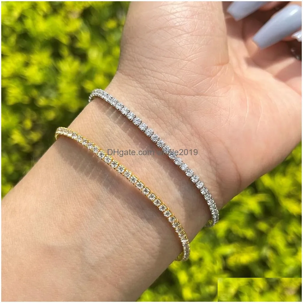 100% S925 Sterling Silver Tennis 2mm Iced Out Chain Bracelets for Women Girls Luxury Round 5A Cubic Zirconia Bling Hip Hop Wedding Jewelry Gift 6.3