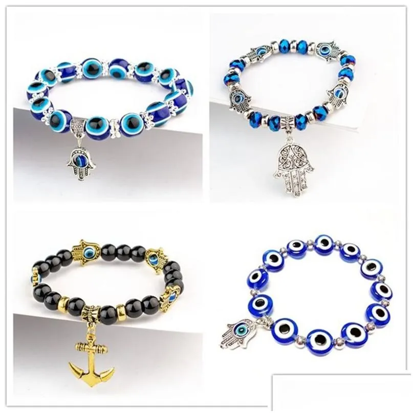 Fatima Hand Hamsa Bracelet Jewelry Women Man Gold Silver Color Fashion Blue Devil Evil Eye Plam Bell Beaded Anchor Charm Bracelets for