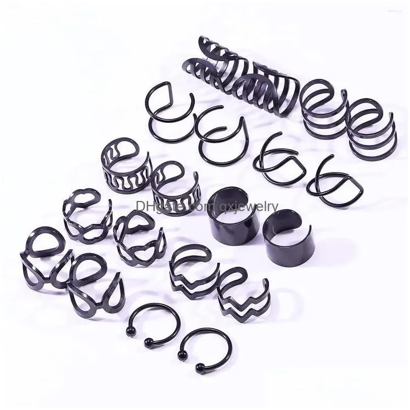Backs Earrings 2-20pcs Black Stainless Steel Adjustable Non-Piercing Cartilage Clip On Wrap Fake Ear Cuff Lip Nose Ring