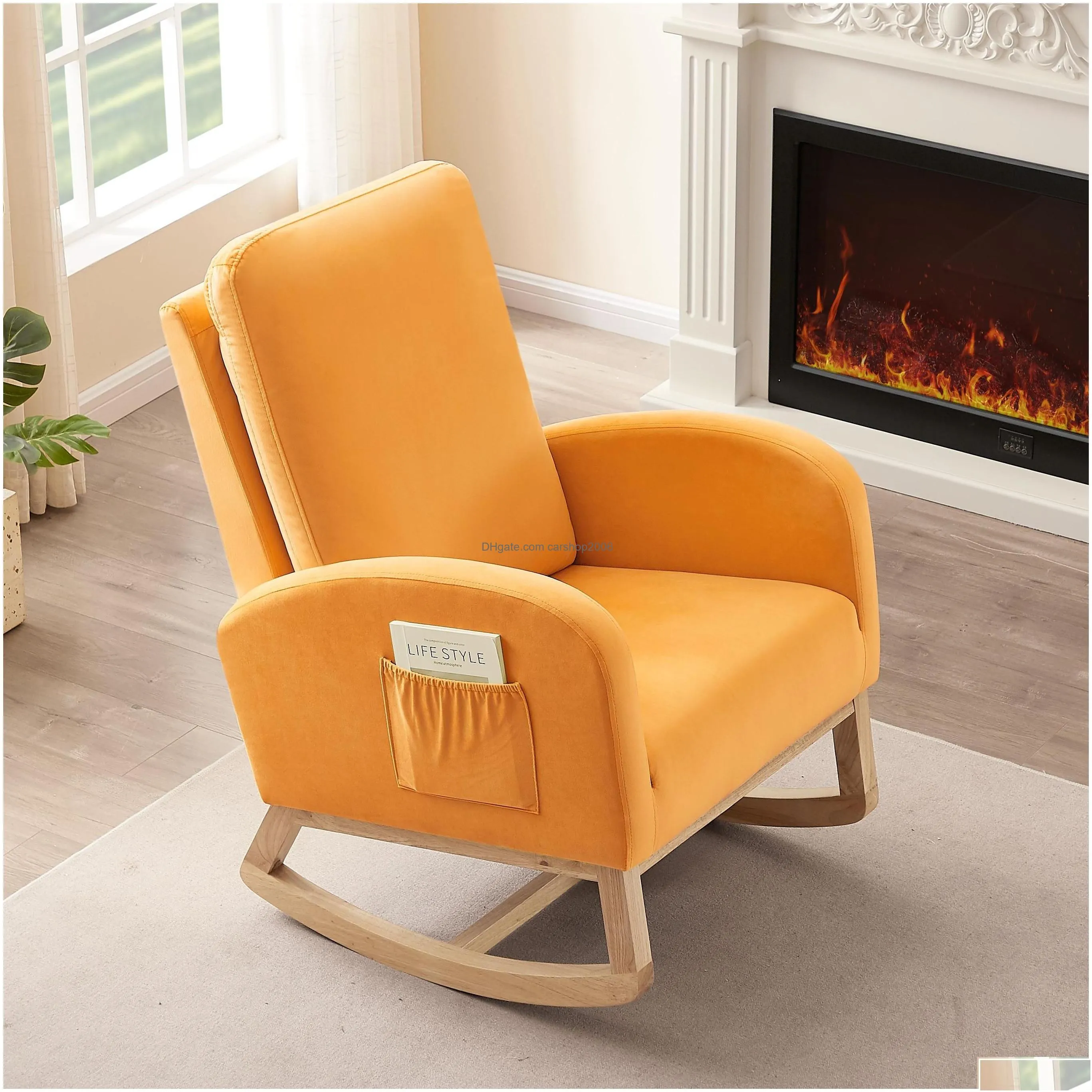 mid-century modern orange upholstered rocking chair with tall back for living room accent glider rocker drop delivery home furniture - g