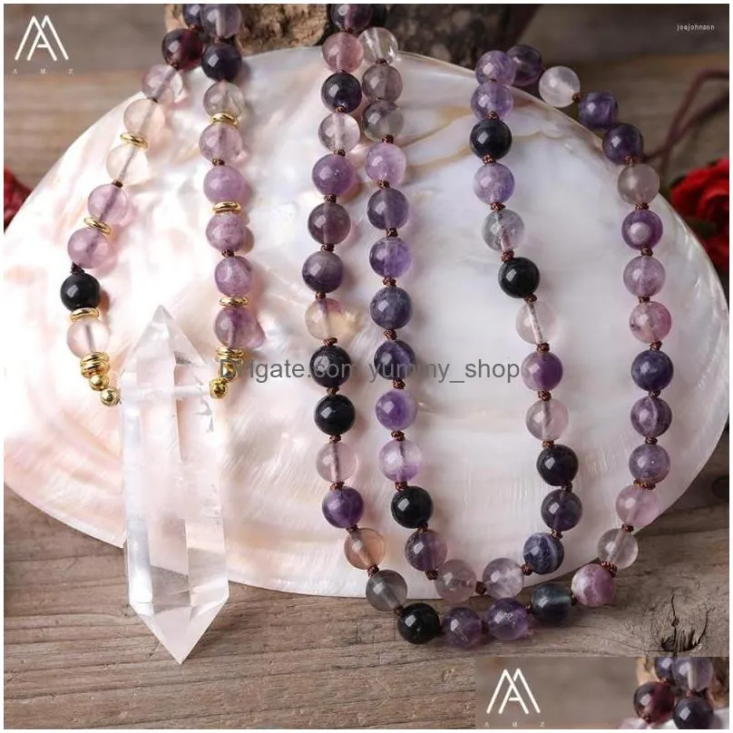 chains natural white quartz double point pendant 8mm amethysts crystal beads knot handmade necklace women chakra healing jewelry