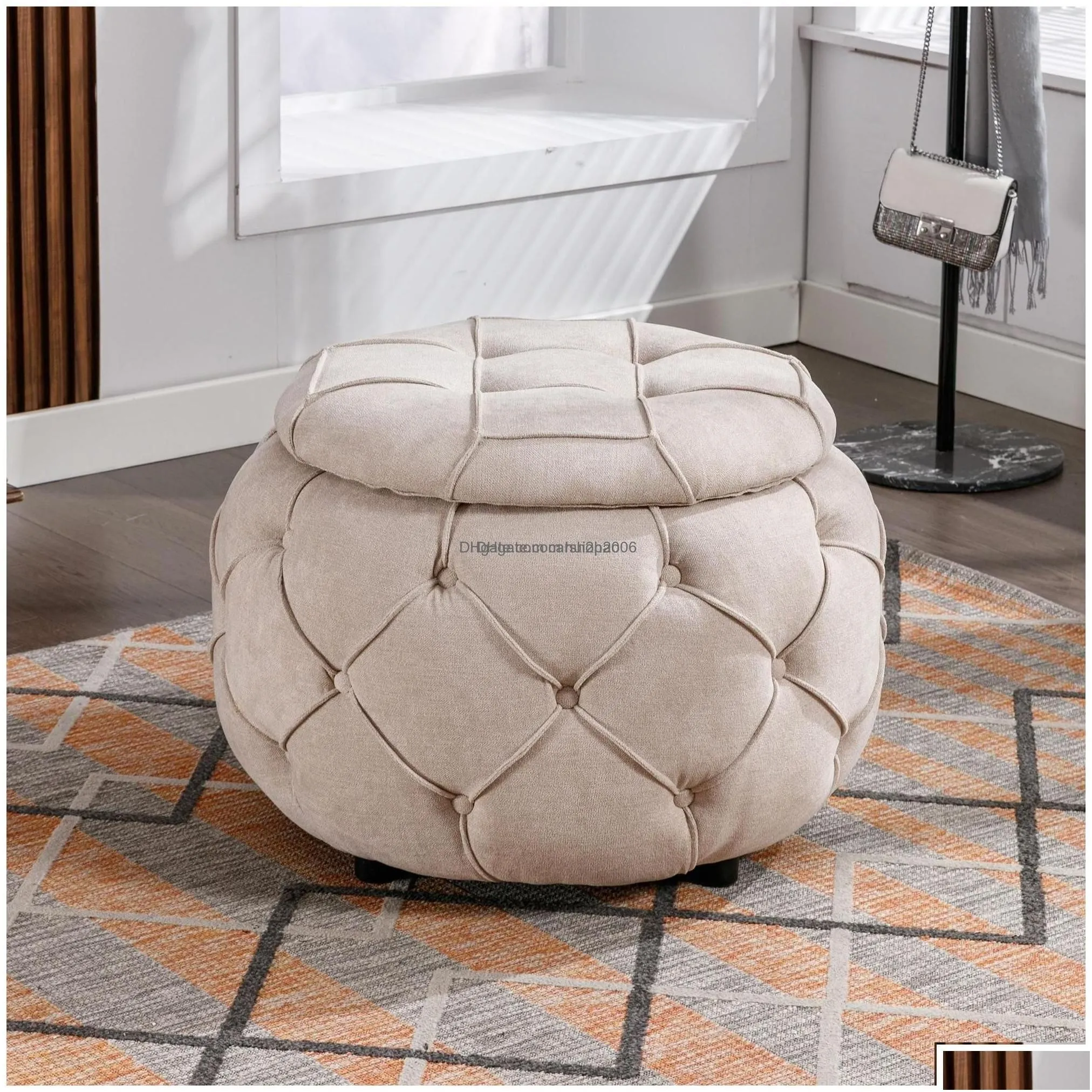 elegant beige round storage footstool with button tufted design - perfect for living room or bedroom - large and stylish home furniture